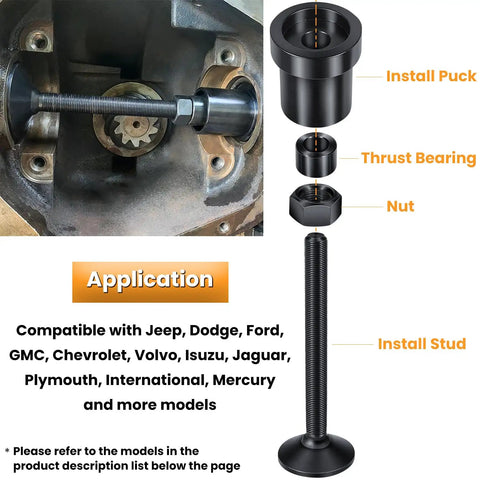 Premium Dana 30 And 44 Front Axle Tube Seal Pair Including Inner Axle Side Seal Installation Tool For Jeep Wrangler JK JKU TJ LJ YJ Cherokee XJ ZJ 1984 2018 showing install puck and tools.
