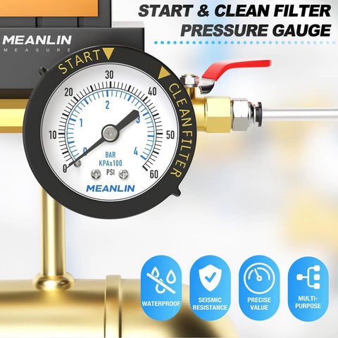 Start and Clean Filter Pressure Gauge for Pool, Spa, Aquarium Pros and DIYers, black plastic frame, 0-60 psi scale visible
