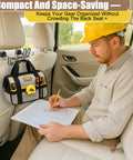 Hard Hat Holder And 3 Hook Organizer For Truck And Car Seats with tool bag hanging on back-seat headrest in vehicle