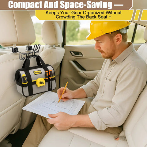 Hard Hat Holder And Gear Organizer For Truck And Car With 3 Sturdy Hooks installed on vehicle seat, holding tool bag and helmet