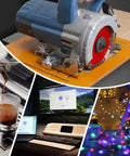 Collage of power tools, coffee machine, office setup, and holiday lights