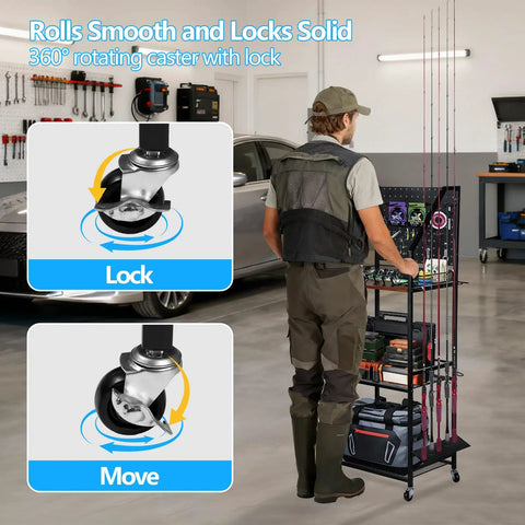 Man using Heavy Duty Fishing Rod Storage Rack For Garage Organization Holds Up To 12 Rods With Pegboard and Hooks, showing caster wheel lock feature.