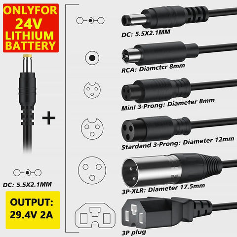 24V Lithium Battery Charger for Electric Scooters and Skateboards Dope 29.4V 2A Fast Replacement With 7 In 1 Plugs Smart LED Indicators And Multi Protection Safe For 24V Lithium Batteries Compatible With GoTrax Razor Ninebot