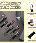 Five durable silicone water bottle holders with carabiner clips and key rings, assorted colors, perfect for outdoor adventures.