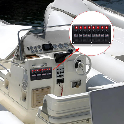 8 Gang Marine Rocker Switch Panel Waterproof 12V Aluminum Body With 5A 10A 15A Circuit Breakers And LED Indicators on boat