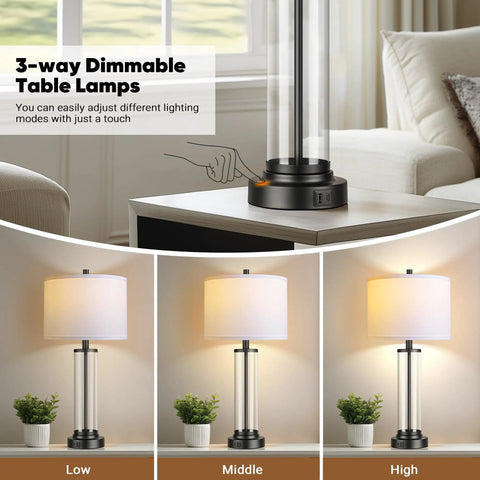 Touch Control Table Lamps Set Of 2 With USB Ports And 3 Way Dimmable Bedside Lighting For Living Room And Bedroom Modern Black Nightstand Lamps With 2 LED Bulbs showing dimming levels.