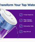 11 Cup Water Pitcher With Built In Filter For Clean Tasting Water, Dishwasher Safe, pouring water, light indicator, white lid