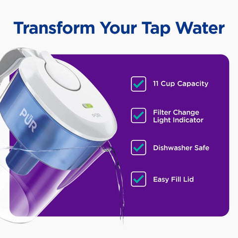 11 Cup Water Pitcher With Built In Filter For Clean Tasting Water, Dishwasher Safe, pouring water, light indicator, white lid