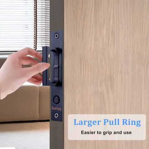 Auto Pop Pocket Door Edge Pull With Hidden One Touch Button Flush Mount Sliding Door Handle Large Grab Ring black on wood door