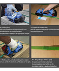 Image displays PRO GRADE RECHARGEABLE STRAPPING TOOL FOR PP AND PET PLASTIC BELTS WITH 3000 MAH BATTERY in use, demonstrating strapping process.