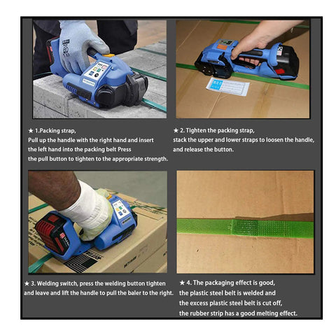 Image displays PRO GRADE RECHARGEABLE STRAPPING TOOL FOR PP AND PET PLASTIC BELTS WITH 3000 MAH BATTERY in use, demonstrating strapping process.