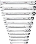 11 Piece 120XP Universal Spline XL Flex Head Ratcheting SAE Wrench Set for Pros with Long Reach and High Torque Fits 12 Point 6 Point and External Torx Fasteners laid out in sequence.