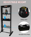 Heavy Duty Hydraulic Shop Press featuring adjustable height, safety valve, and movable press plate for efficient automotive tasks.