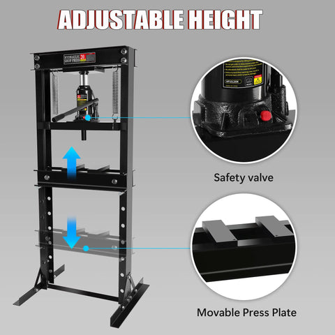 Heavy Duty Hydraulic Shop Press featuring adjustable height, safety valve, and movable press plate for efficient automotive tasks.