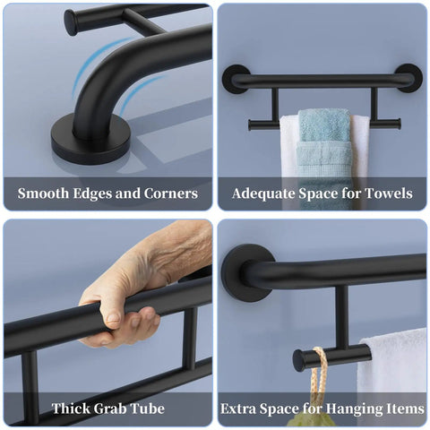 Rock Solid Oil Rubbed Black Grab Bar With Towel Holder For Bathtub And Shower showcasing smooth edges, towel space, and thick grip.