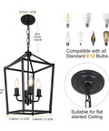 4 Light Black Farmhouse Chandelier With Open Iron Lantern Frame showing dimensions, compatible bulbs, and ceiling suitability