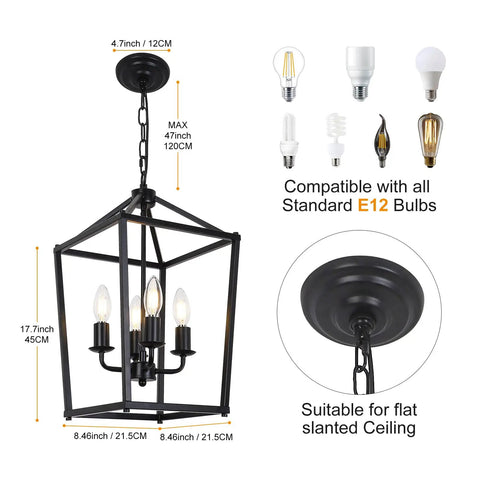 4 Light Black Farmhouse Chandelier With Open Iron Lantern Frame showing dimensions, compatible bulbs, and ceiling suitability