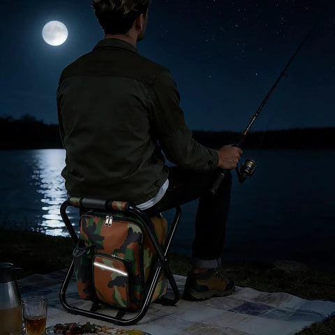 Person fishing at night using Foldable Camping Chair Backpack With Built In Cooler Insulated Picnic Bag, moonlit setting