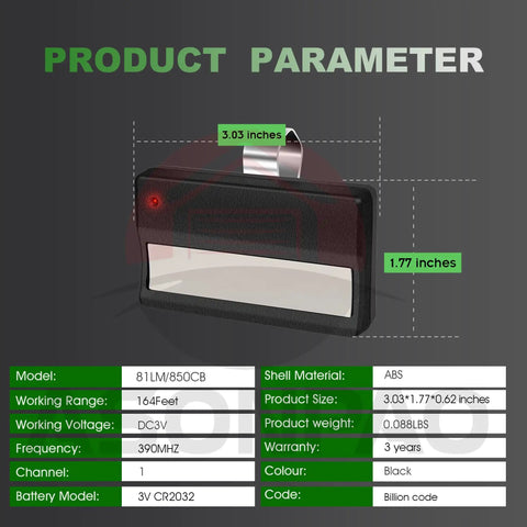 Two Pack Replacement Garage Door Opener Remote For Green Learn Button Models From 1993 To 1995 And 1997 showing dimensions and parameters