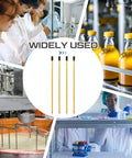 Four 12 Inch General Purpose Lab Thermometers Pack For Science Labs, Liquid In Glass, Total Immersion, Dual Scale Minus 20 C To 110 C And 0 To 230 F, Perfect For University Labs Food And Beverage Processing, shown in lab and processing use