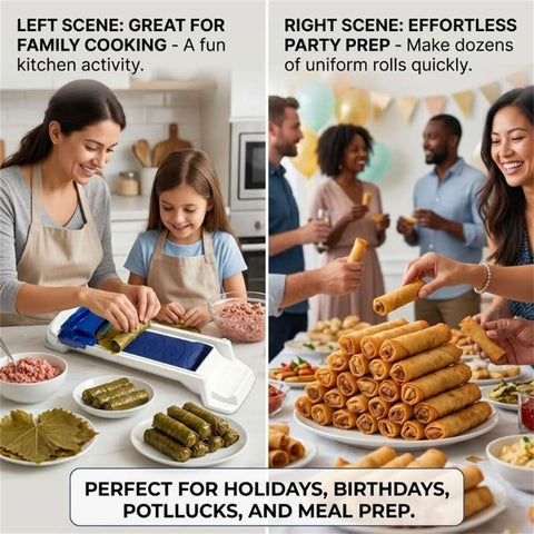 Lumpia Roller Machine For Fast Even Rolling And Easy DIY Lumpia Maker with family making grape leaf wraps and spring rolls at a party.