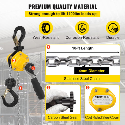 Go To Handheld Mini Lever Chain Hoist Half Ton 10 Foot G80 Alloy Steel Chain showing features in workshop