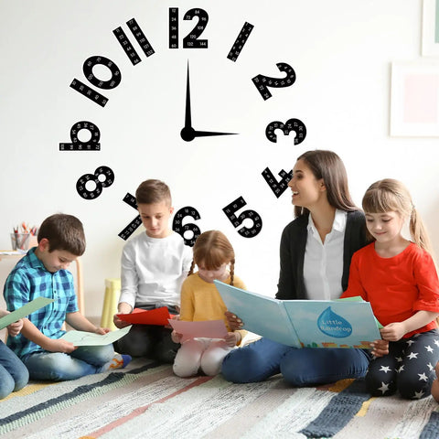 Teacher reading with children in front of Multiplication Chart Posters For Classroom Black And White Bulletin Board Paper Cutouts 1 To 12 Numbers Skip Counting For Back To School And Home Learning Includes Glue Points And Large Cutouts clock decor.