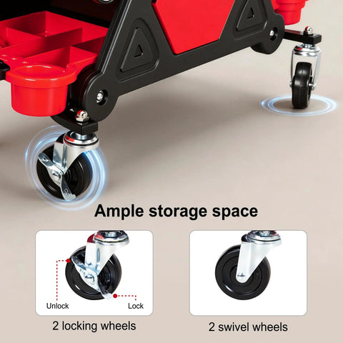 Close-up of locking and swivel wheels on 2 In 1 Rolling Mechanic Stool And Creeper Seat With Modular Removable Cushion Tool Tray.
