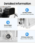 Detailed view of 3HP Air Compressor Pump Head with rugged build, high flow 66 CFM, aluminum iron parts, air filter, and oil port.
