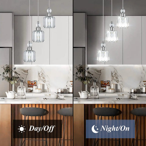Modern Three Light Crystal Cluster Pendant Chandelier For Kitchen Island Dining Room Table Adjustable Hanging Lights In Chrome With Cords You Can Tweak Up To Fifty Three Inches For Perfect Height shown on and off
