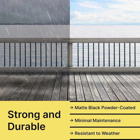 60 Pack 36 Inch Rectangle Metal Deck Balusters Kit with end caps and screws, showcasing weather resistance on deck railing