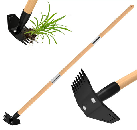 Long Bamboo Handle Weed Puller Tool 2 In 1 Garden Hoe And Weed Remover With Rake And Grabber 49 Inch in action
