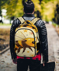 Person wearing a Dope Starry Floral Patriot Bee Print Backpack For Unisex Use Large Capacity Durable Polyester in a park.