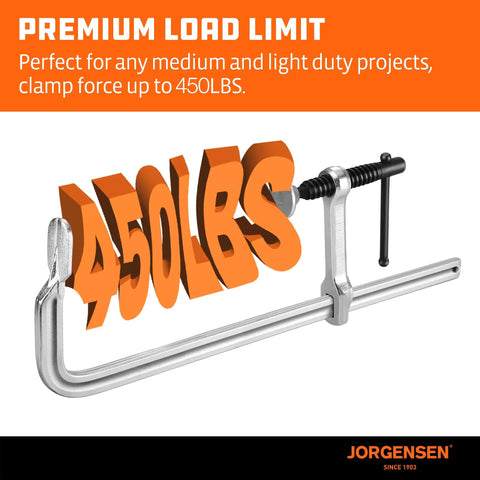 12 Inch Light Duty Bar Clamps Set, Drop Forged Steel, 3 Inch Throat, 12 Inch Opening with 450 Lb Clamping Power, text 450LBS emphasized