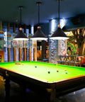 15 Inch Extra Large 3-Light Pool Table Hanging Light With Matte Metal Shades And Billiard Ball Accents in game room setting