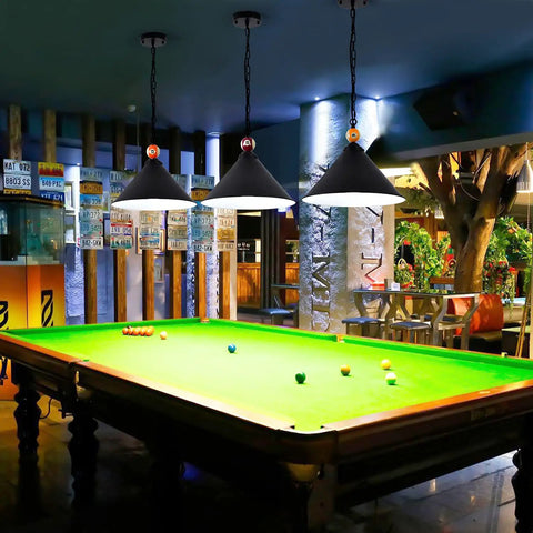 15 Inch Extra Large 3-Light Pool Table Hanging Light With Matte Metal Shades And Billiard Ball Accents in game room setting