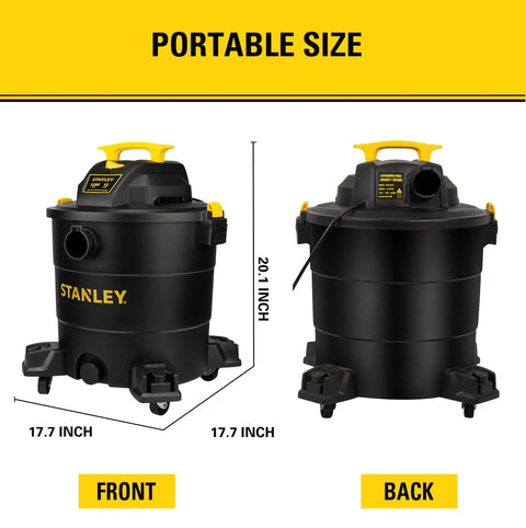 Front and back view of Powerful Five Point Five Peak HP Wet Dry Vacuum With Twelve Gallon Tank Three In One Shop Vacuum With Blower Port And Long One Seven Eighth Inch By Six Foot Hose Over Twenty Two Feet Cleaning Range Great For Garage Carpets And Workshop.