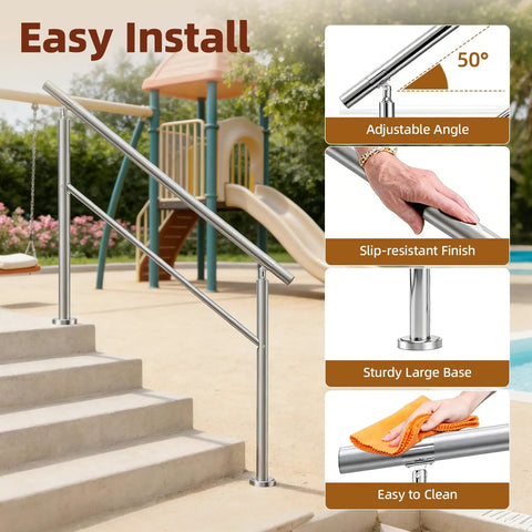 Heavy Duty 4 Step Outdoor Handrail With Balusters Bulletproof 304 Stainless Steel Stair Railing For Exterior Steps And Porch Safety Slick Silver Finish Straight Up Easy Install, adjustable angle and slip-resistant finish.