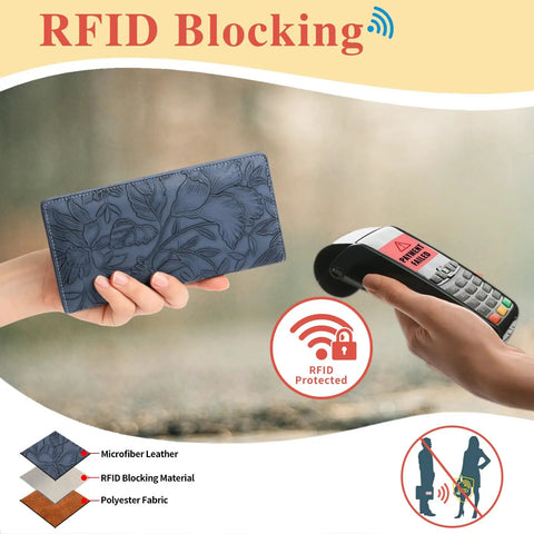 MULE Ultra Slim Wallet For Women Bifold Leather RFID Blocking Designer Card Holder with Microfiber Leather held near payment terminal