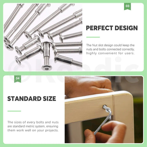 M6 X 80mm Socket Cap Bolts And Barrel Nuts Kit With Hex Key showing silver carbon steel bolts, tightening process on wooden furniture.