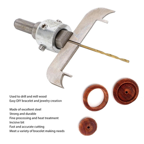 Baxnore wooden ring drill bit set; front view shows HSS wood milling cutter and metal guide with three wooden rings