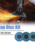 Close-up of 15 Piece Two Inch Roll Lock Flap Disc Kit for Die Grinders in use with sparks, showcasing abrasive discs.