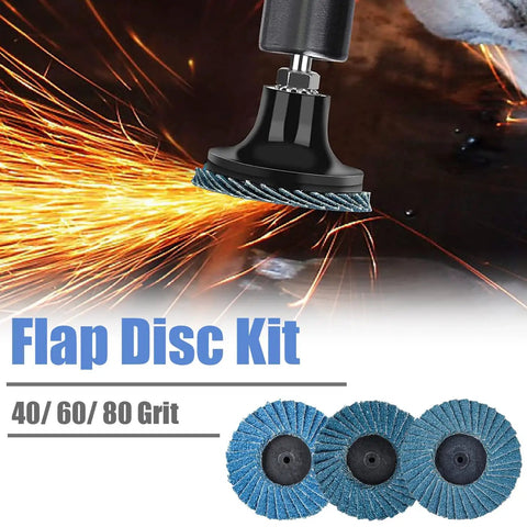 Close-up of 15 Piece Two Inch Roll Lock Flap Disc Kit for Die Grinders in use with sparks, showcasing abrasive discs.