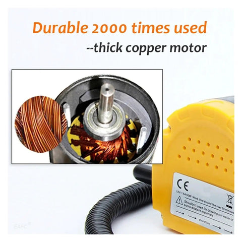 Versatile 12V 60W Fluid Extractor Pump For Cars And Boats With Matching Tubes To Suck Oil, Gasoline, Or Water Fast From Your Engine Bay For Quick Outdoor Maintenance Work Today - close-up of thick copper motor.