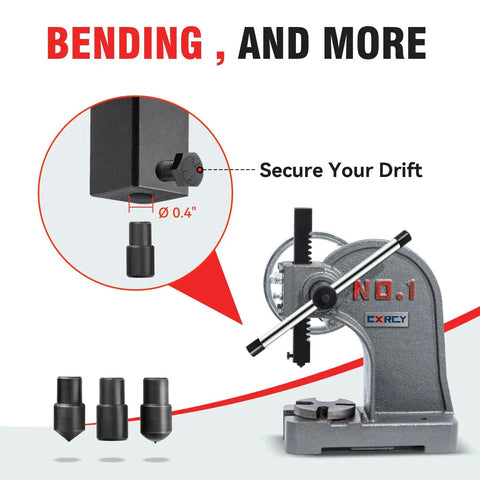 One Ton Arbor Press With Hand Wheel Cast Iron Heavy Duty Manual Arbor Press Desktop Punch Press Machine illustration with drift securing detail.
