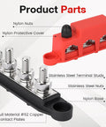 Built Like A Tank 12 Volt 250A Bus Bar And Power Distribution Block With Durable Cover For Marine Automotive Rv Solar Rig Featuring Fire Retardant Nylon Housing And M10 Terminals In Red Black Set parts showing stainless steel terminals, nylon cover, and copper contact plates.