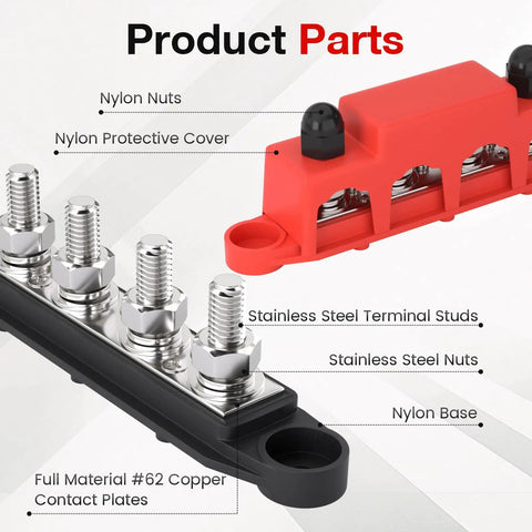 Built Like A Tank 12 Volt 250A Bus Bar And Power Distribution Block With Durable Cover For Marine Automotive Rv Solar Rig Featuring Fire Retardant Nylon Housing And M10 Terminals In Red Black Set parts showing stainless steel terminals, nylon cover, and copper contact plates.