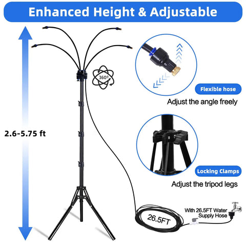Outdoor Patio Misting System With Adjustable Five Point Seven Five Foot Spray Stand Twenty Six Point Five Foot Water Supply Line Portable Outdoor Mister With adjustable height and flexible hose shown