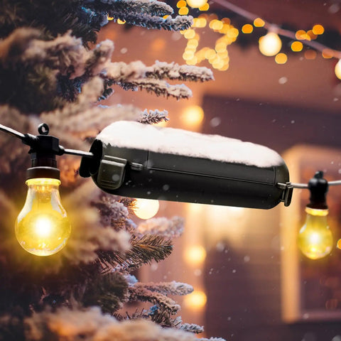 Outdoor Heavy Duty Weatherproof Electrical Box Set With Big And Small Boxes 6 Cable Entry Ports IP54 Rating Lockable Latches Rubber Seals Perfect For Power Strips Outlets Timers Holiday Lights Black installed on a string of holiday lights in snowy weather