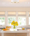 15 Inch Modern Gold Semi Flush Mount Ceiling Light With White Fabric Drum Shade in kitchen